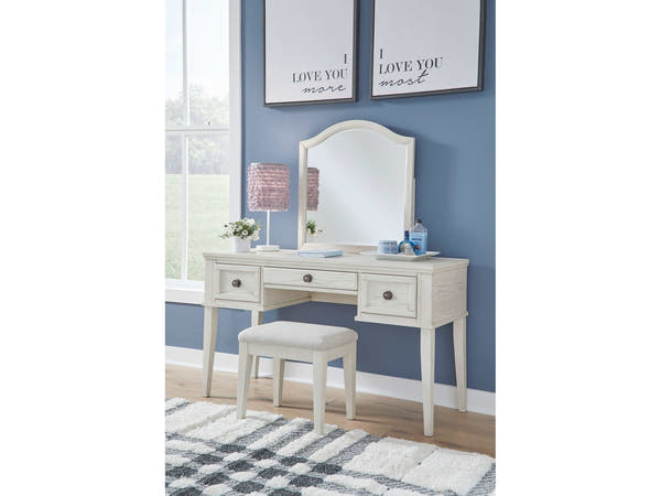 Robbinsdale Antique White Mirrored Vanity Desk w/ Stool