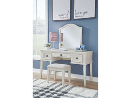 Robbinsdale Antique White Mirrored Vanity Desk w/ Stool