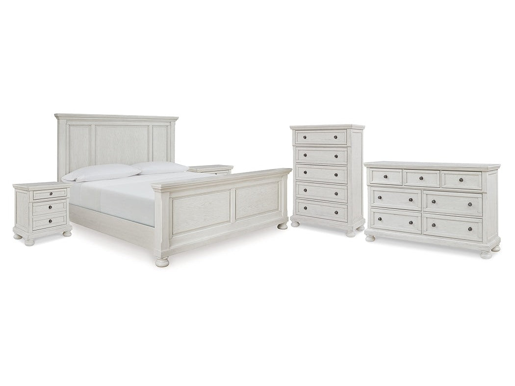 Robbinsdale Antique White Queen Panel Bed & Dresser & Chest & 2 Nightstands