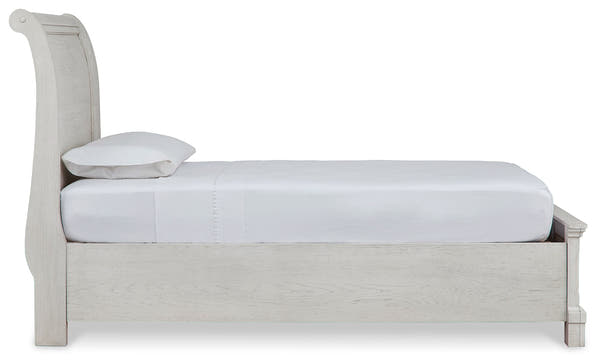 Robbinsdale Antique White Twin Sleigh Storage Bed, Dresser and Mirror