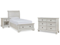 Robbinsdale Antique White Twin Sleigh Storage Bed, Dresser and Nightstand