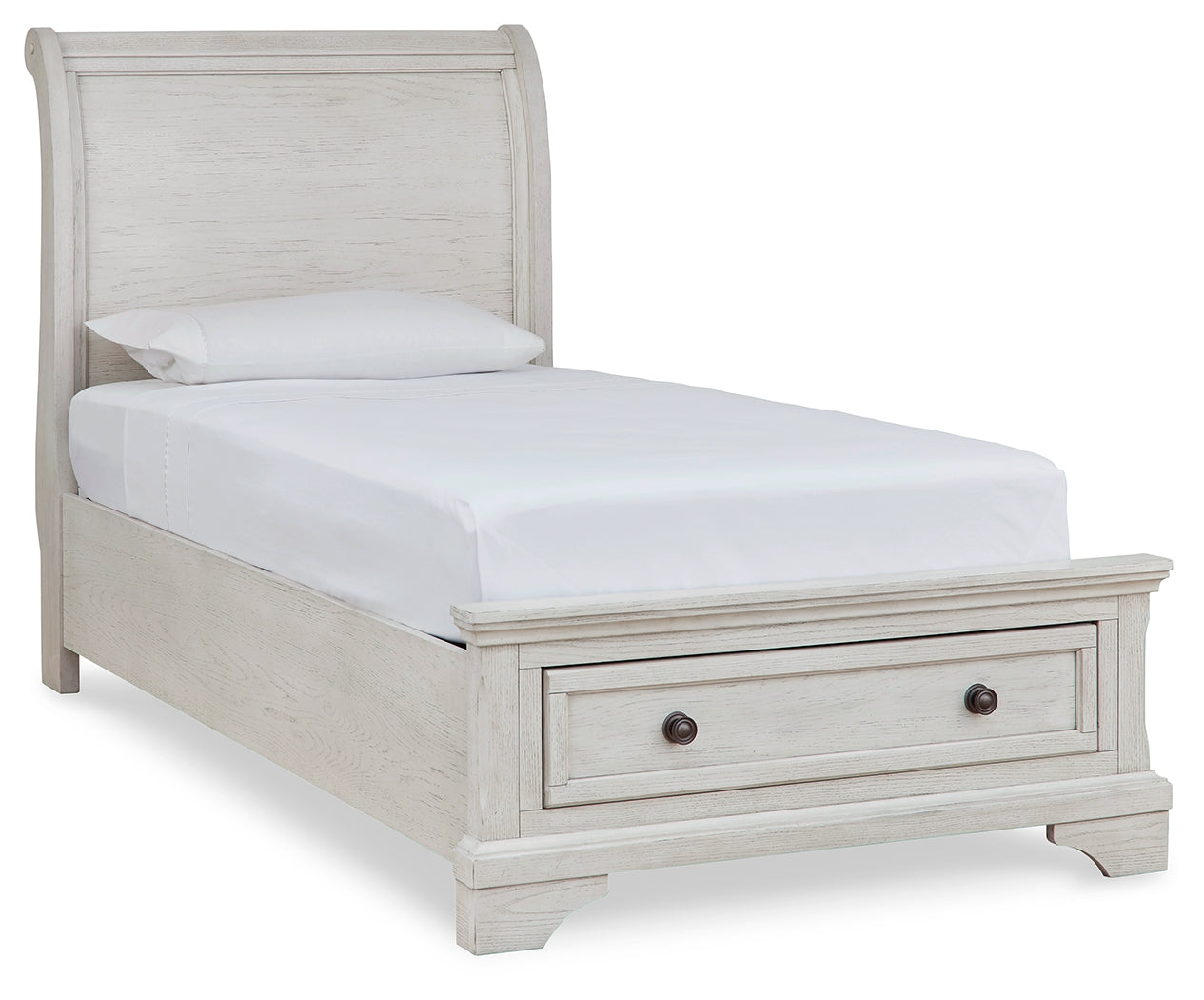 Robbinsdale Antique White Twin Sleigh Storage Bed, Dresser and Nightstand