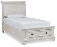 Robbinsdale Antique White Twin Sleigh Storage Bed, Dresser and Nightstand