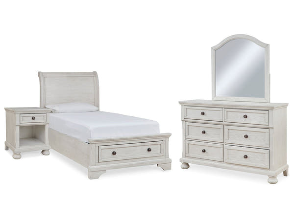 Robbinsdale Antique White Twin Storage Bedroom Set with Dresser, Mirror and Nightstand