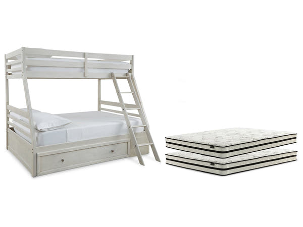Robbinsdale Antique White Twin over Full Bunk Bed with Storage and Mattresses