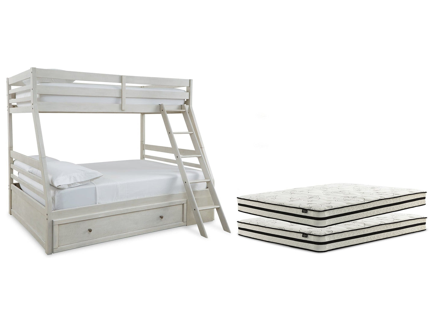 Robbinsdale Antique White Twin over Full Bunk Bed and Mattresses