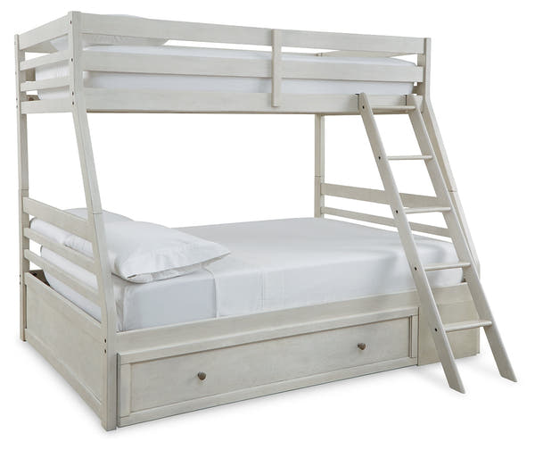 Robbinsdale Antique White Twin over Full Bunk Bed with Storage and Mattresses