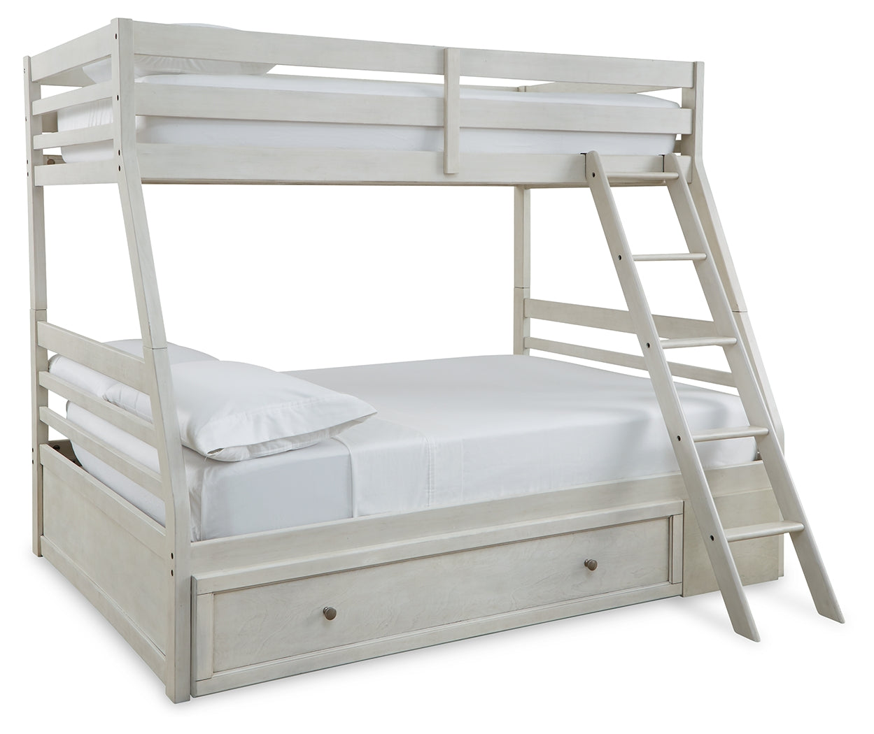 Robbinsdale Antique White Twin over Full Bunk Bed with Storage and Mattresses