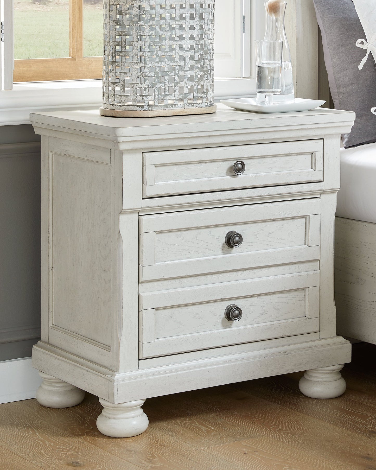 Robbinsdale Antique White Full Sleigh Storage Bedroom Set with Nightstand