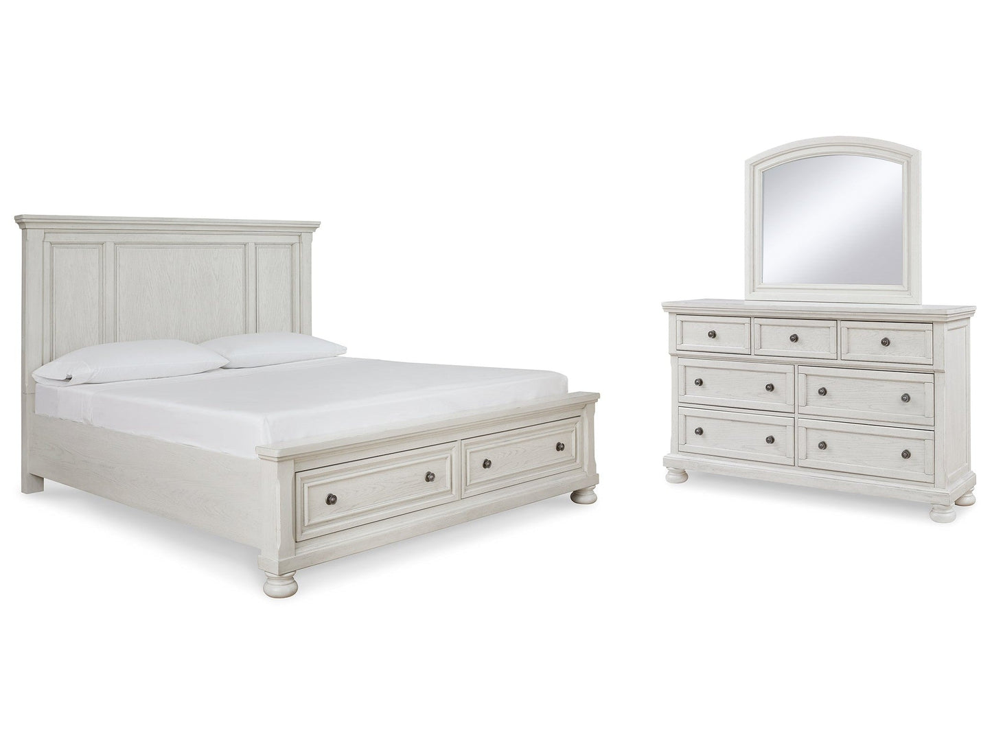 Robbinsdale White King Panel Storage Bedroom Set with Dresser and Mirror