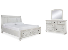 Robbinsdale White King Sleigh Storage Bedroom Set with Dresser and Mirror