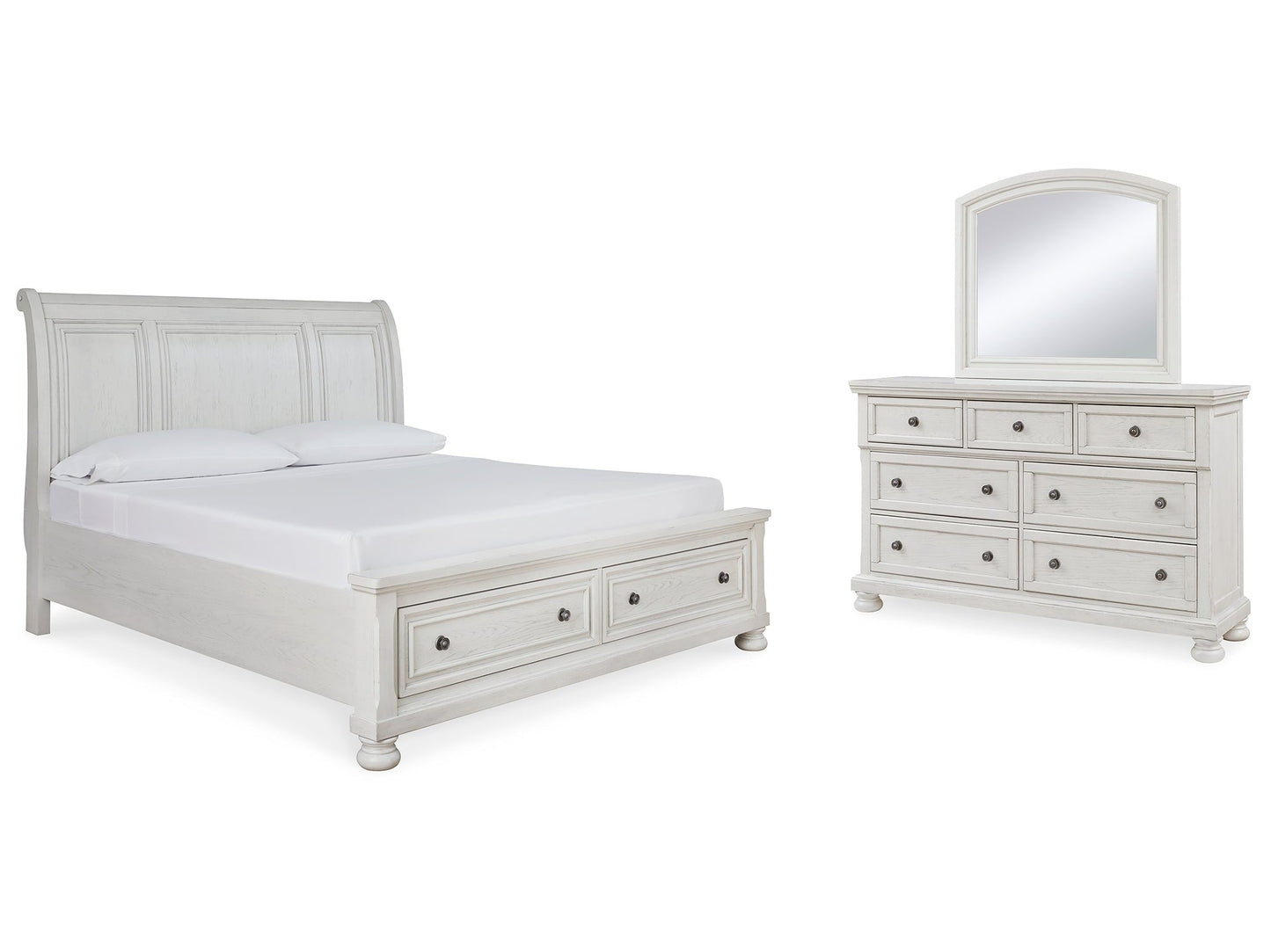 Robbinsdale White King Sleigh Storage Bedroom Set with Dresser and Mirror