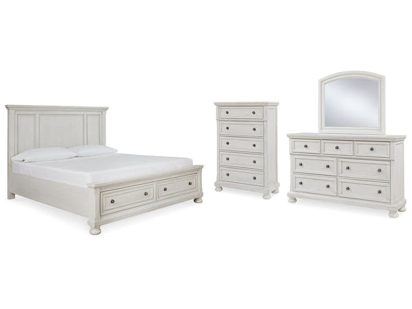 Robbinsdale White Queen Panel Storage Bedroom Set with Dresser, Mirror and Chest