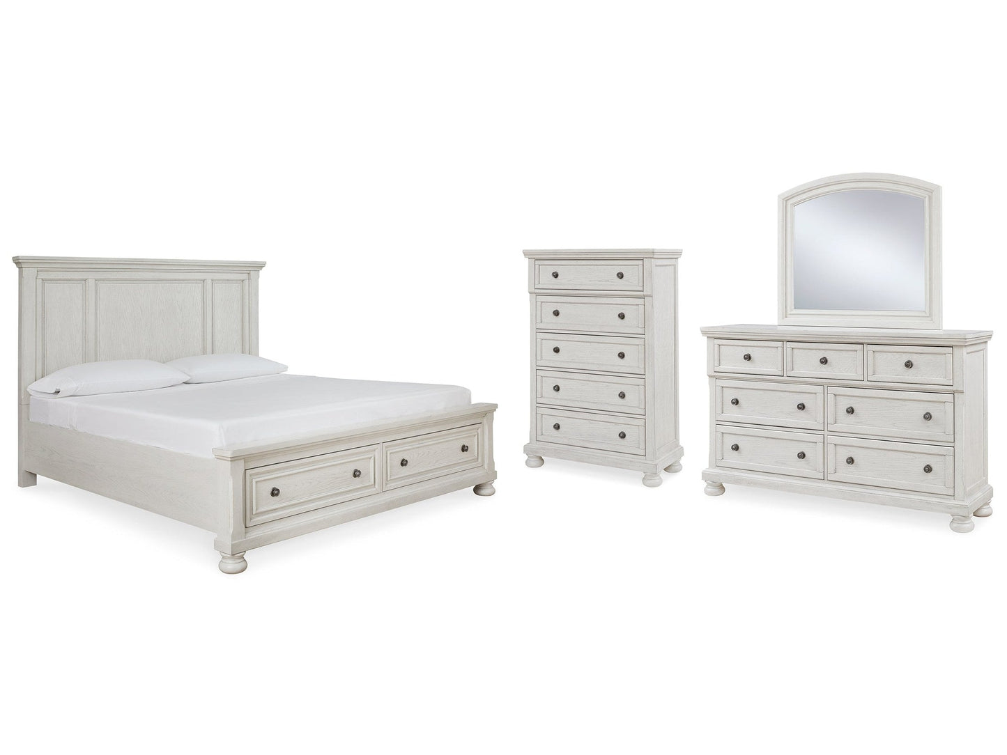 Robbinsdale White Queen Panel Storage Bedroom Set with Dresser, Mirror and Chest
