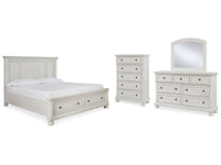 Robbinsdale White Queen Panel Storage Bedroom Set with Dresser, Mirror and Chest
