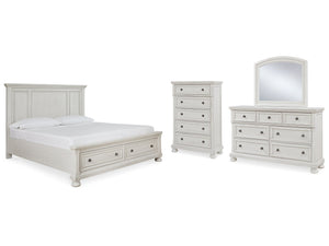 Robbinsdale White Queen Panel Storage Bedroom Set with Dresser, Mirror and Chest