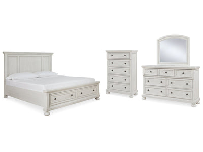 Robbinsdale White Queen Panel Storage Bedroom Set with Dresser, Mirror and Chest