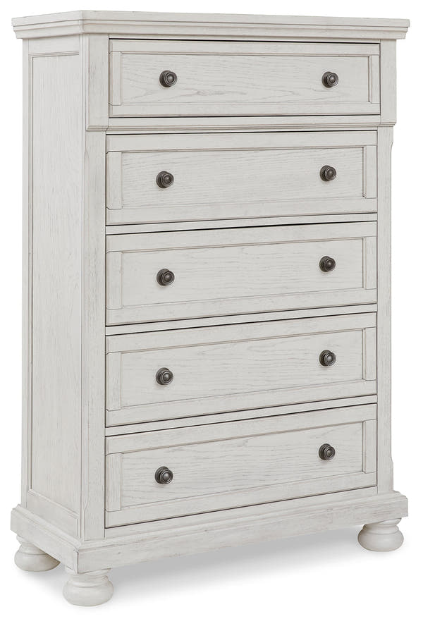 Robbinsdale White Queen Panel Storage Bedroom Set with Dresser, Mirror and Chest