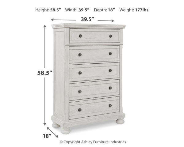 Robbinsdale White Queen Panel Storage Bedroom Set with Dresser, Mirror and Chest