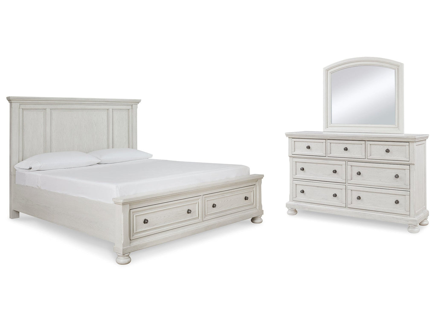 Robbinsdale White Queen Panel Storage Bedroom Set with Dresser and Mirror