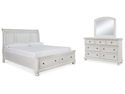 Robbinsdale White Queen Sleigh Storage Bedroom Set with Dresser and Mirror