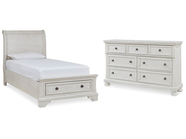 Robbinsdale White Twin Sleigh Storage Bedroom Set with Dresser