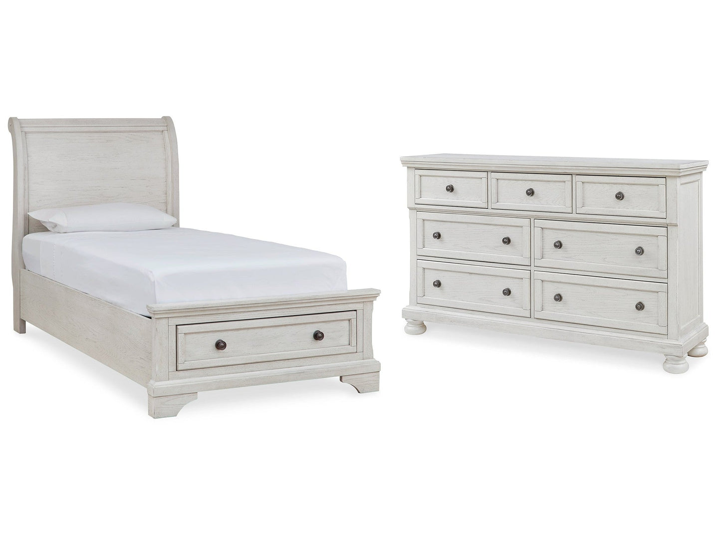 Robbinsdale White Twin Sleigh Storage Bedroom Set with Dresser
