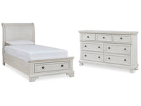 Robbinsdale White Twin Sleigh Storage Bedroom Set with Dresser