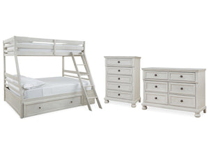 Robbinsdale White Twin over Full Bunk Bedroom Set with Dresser and Chest