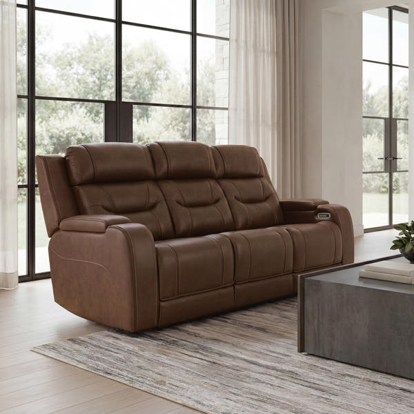 Knightington Brown Power Reclining Sofa with Audio Seating
