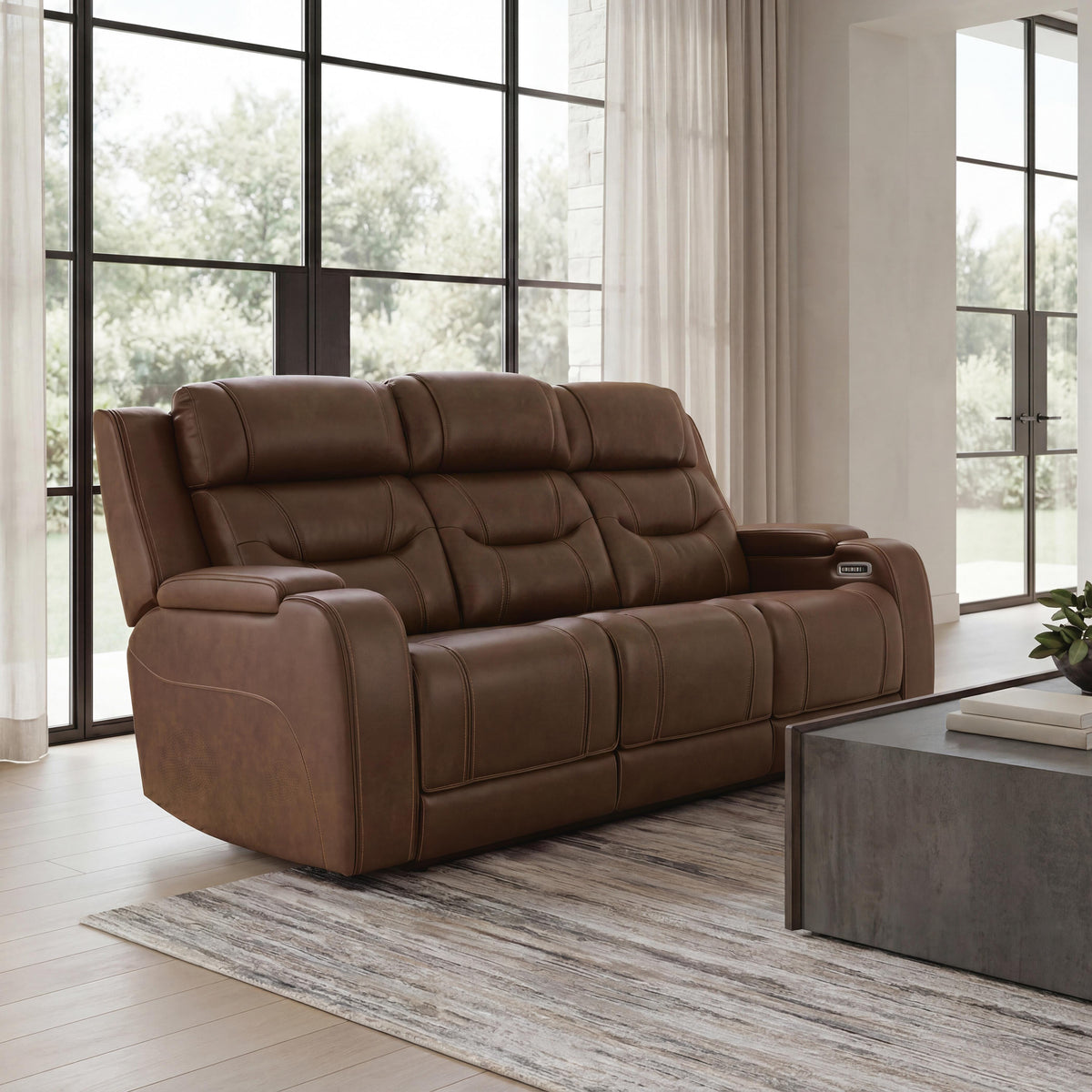 Knightington Brown Power Reclining Sofa with Audio Seating