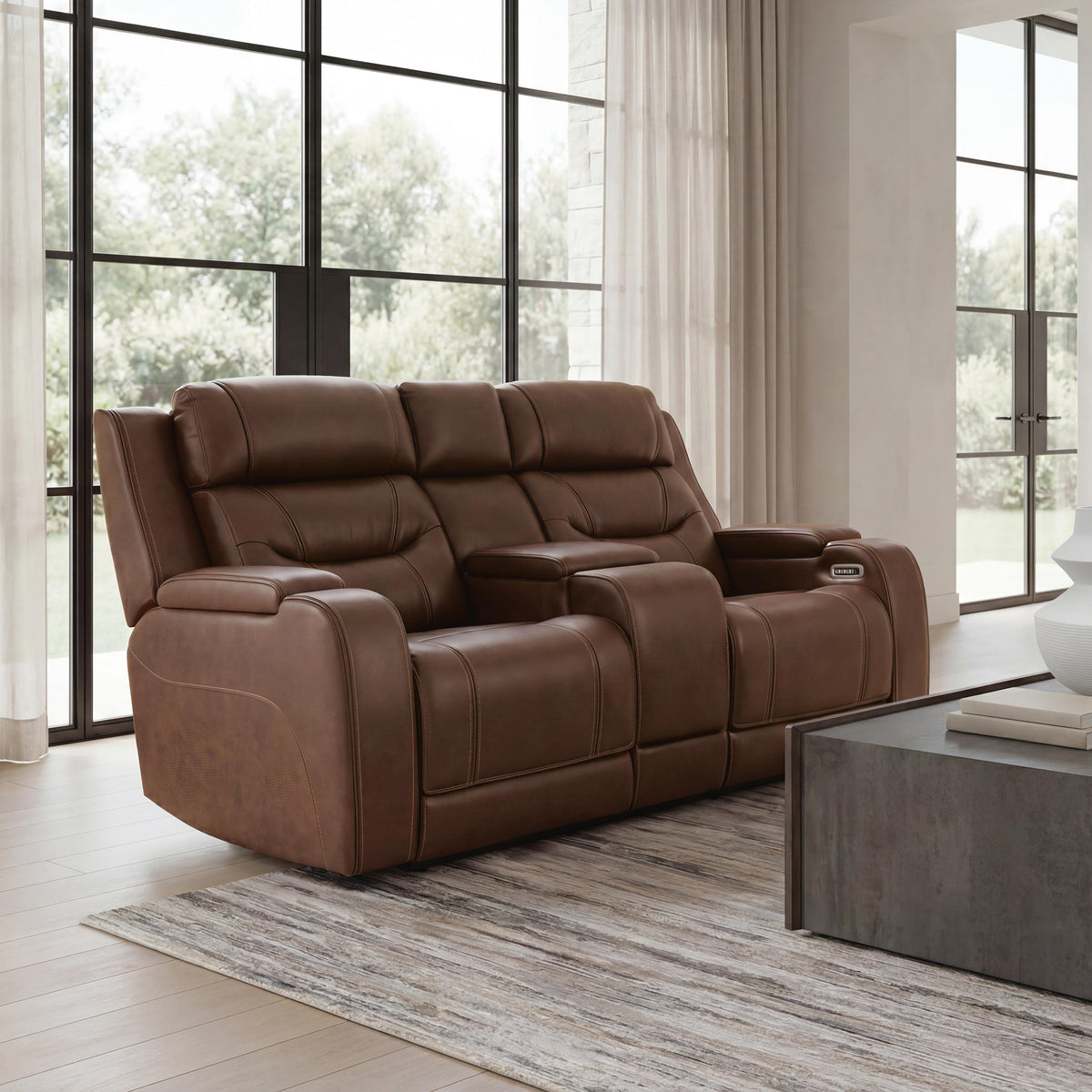 Knightington Brown Power Reclining Loveseat with Audio Seating