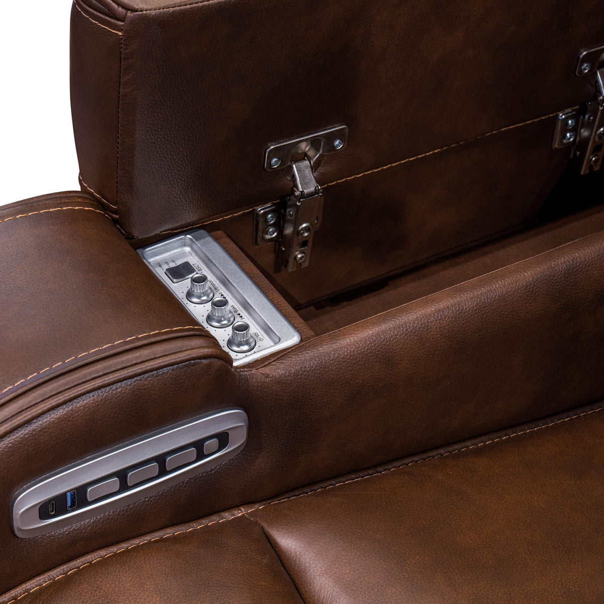 Knightington Brown Power Reclining Sofa with Audio Seating