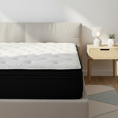 Bedroom with Classic Hybrid Mattress on bed frame with nightstand