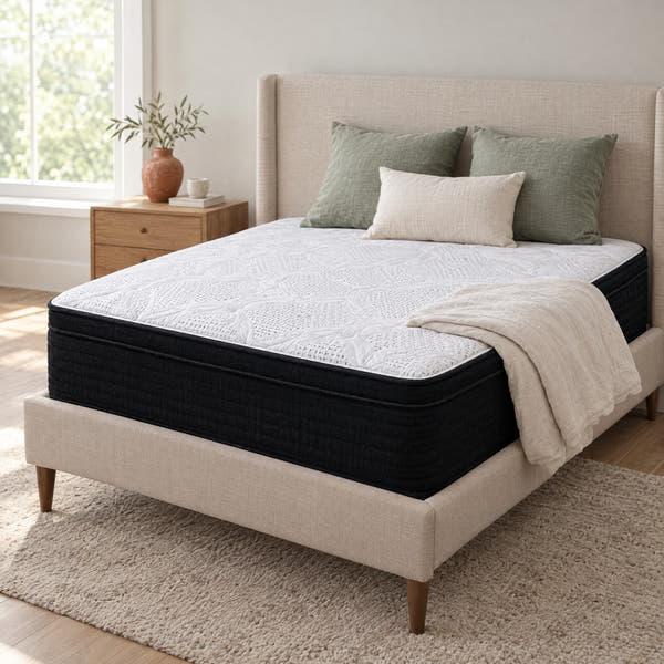 Classic Hybrid 13 inch mattress with white knit top on an upholstered bed