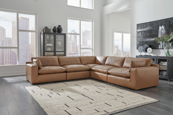 Emilia Caramel Leather 5-Piece Modular Sectional — Ashley lifestyle photography