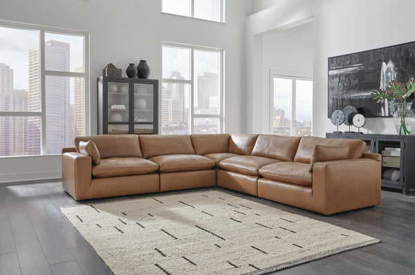 Emilia Caramel Leather 5pc Modular Sectional with Ottoman