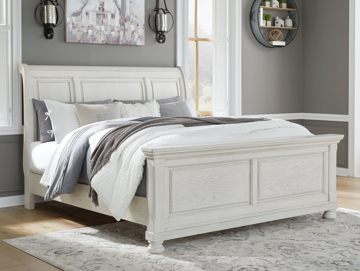 Robbinsdale - Queen Rails with Roll Slats - Antique White — Robbinsdale Queen Sleigh Bed